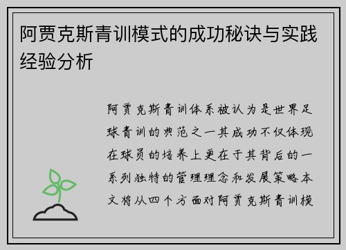 阿贾克斯青训模式的成功秘诀与实践经验分析